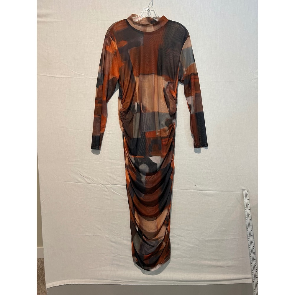 Abstract Geometric Mesh Ruched Mock Neck Long Sleeve Maxi Dress Orange Multi